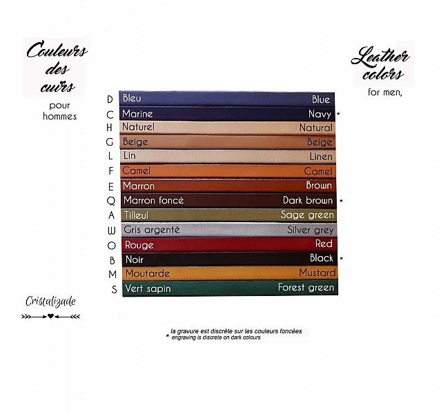 Nuancier des couleurs de cuir pour bracelet homme personnalisable.