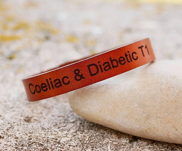 Bracelet cuir camel gravé médical Coeliac & Diabetic T1.