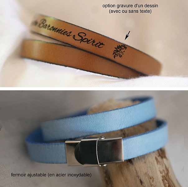 Bracelet en cuir personnalisable avec gravure et fermoir ajustable.