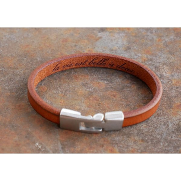Bracelet cuir Camel Homme grav&eacute; cadeau personnalis&eacute;