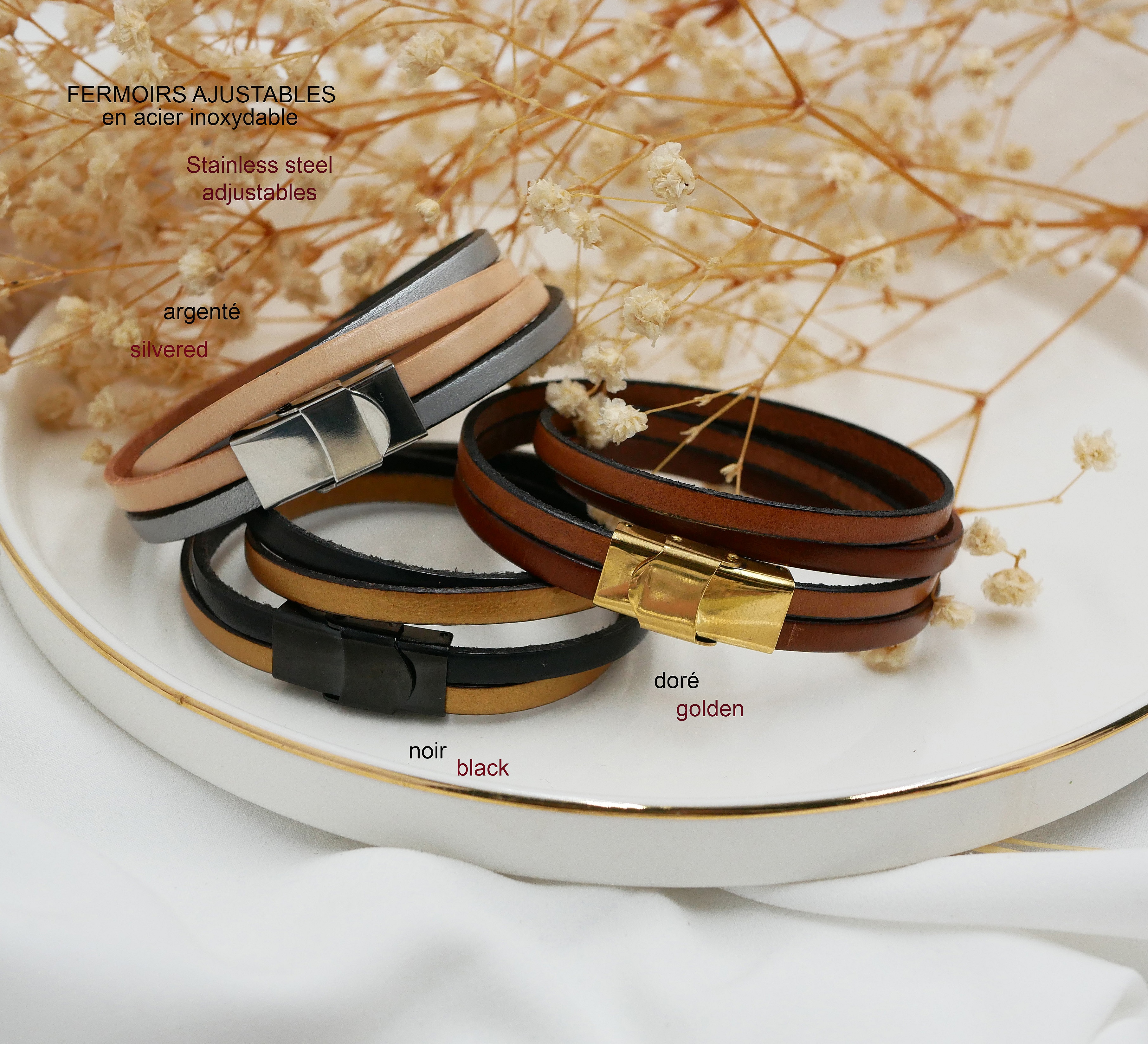 Bracelets personnalisables en cuir avec fermoirs ajustables en acier.
