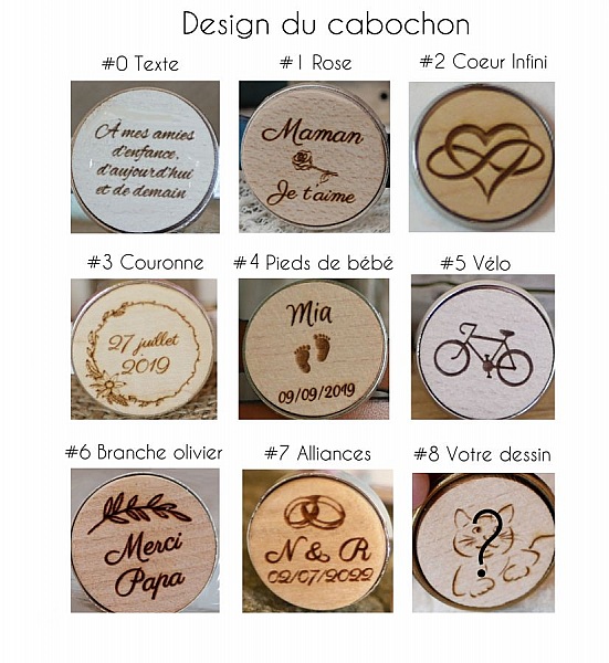 Exemples de designs pour cabochons en bois personnalisés.