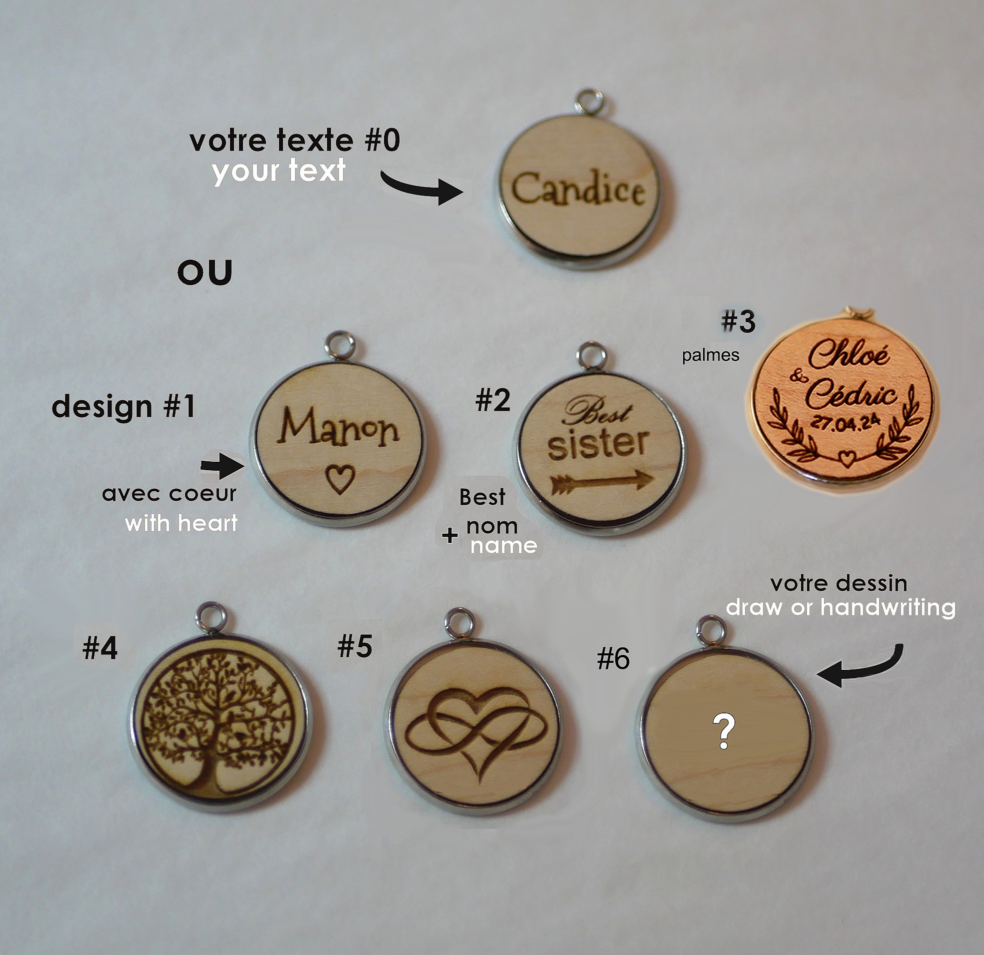 Pendentifs ronds en bois personnalisables avec gravures au choix.