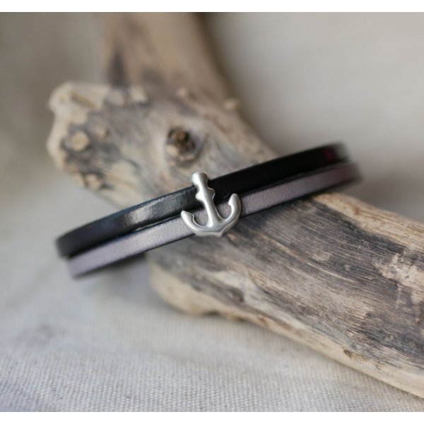 L&aelig;der duo armb&aring;nd med indgraveret navy anker design