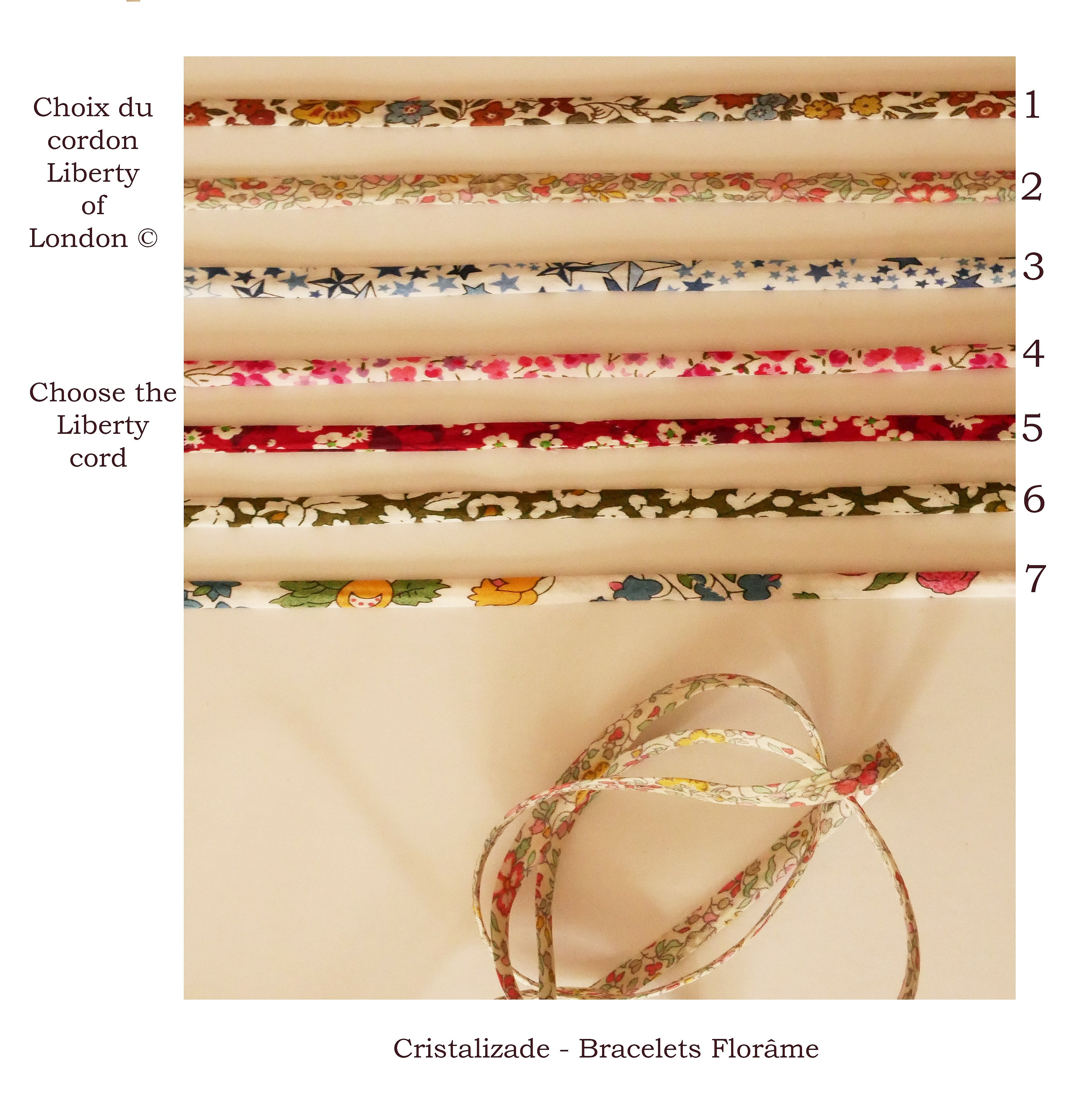 Échantillons de cordons Liberty pour bracelets personnalisables Florâme.