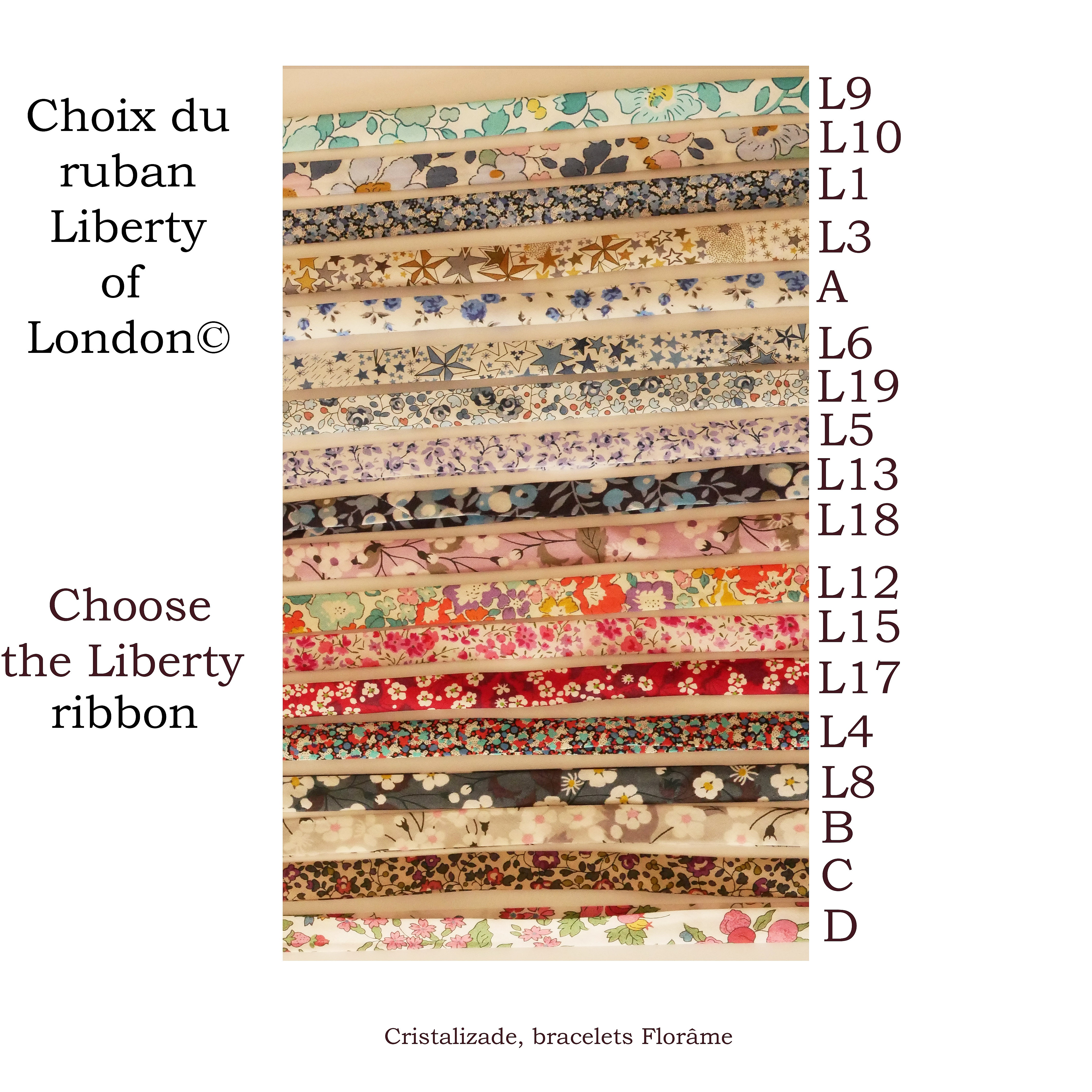 Nuancier de rubans Liberty pour bracelet Florâme personnalisé.