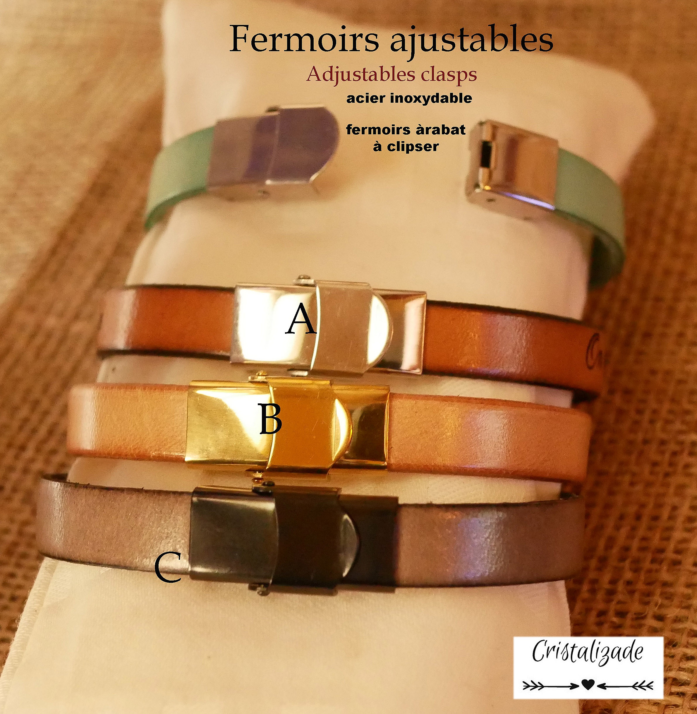 Bracelets homme personnalisables en cuir avec fermoirs ajustables.