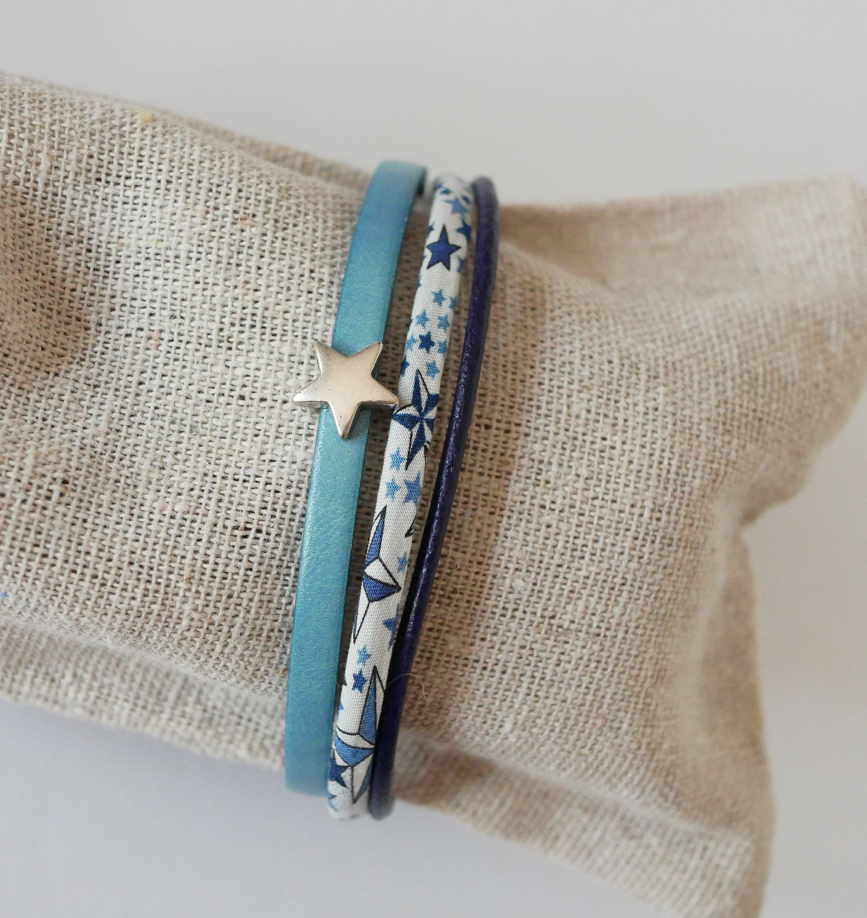 Trio af l&aelig;der og armb&aring;nd af Liberty-snor med bl&aring; stjerner