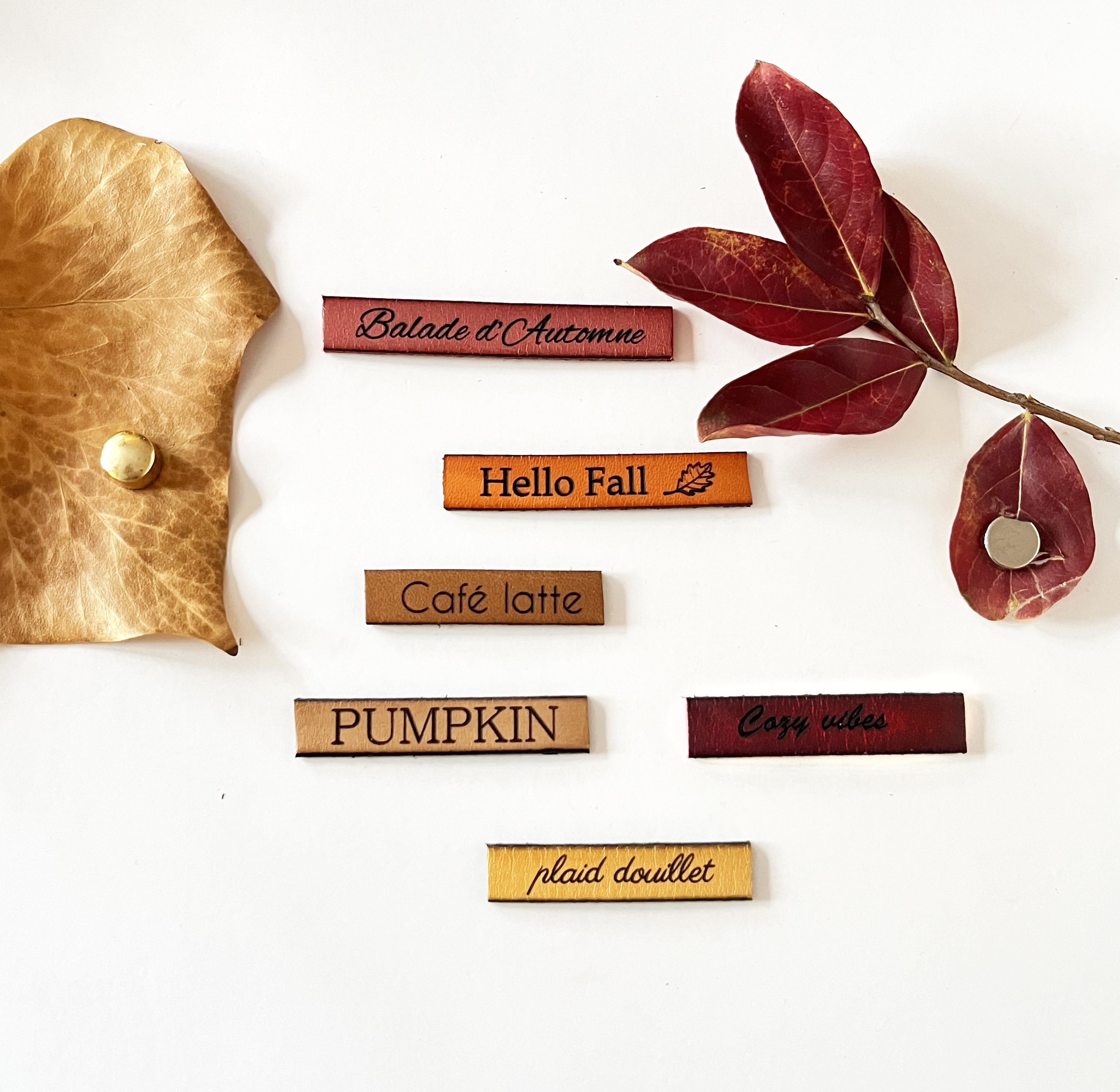 Ensemble magnets en cuir grav&eacute; th&egrave;me automne 