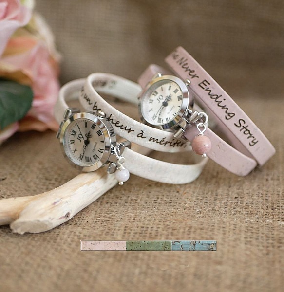 S&oslash;lv ur med kork armb&aring;nd 2 omgange med justerbar l&aring;s