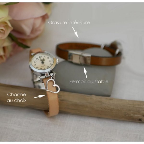 S&oslash;lvfarvet ur med charme og l&aelig;derrem med justerbar l&aring;s