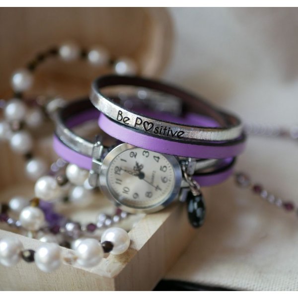 Dobbelt l&aelig;derrem ur med obsidian sten hjerte, farverne kan tilpasses 