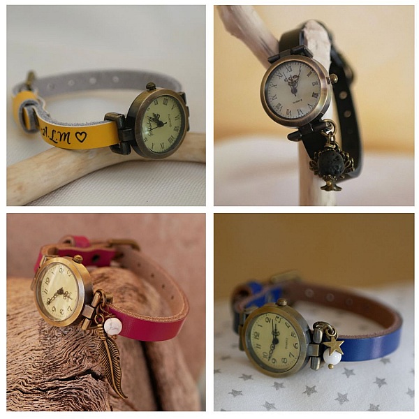 Montres bracelet en cuir personnalisables avec breloques décoratives.