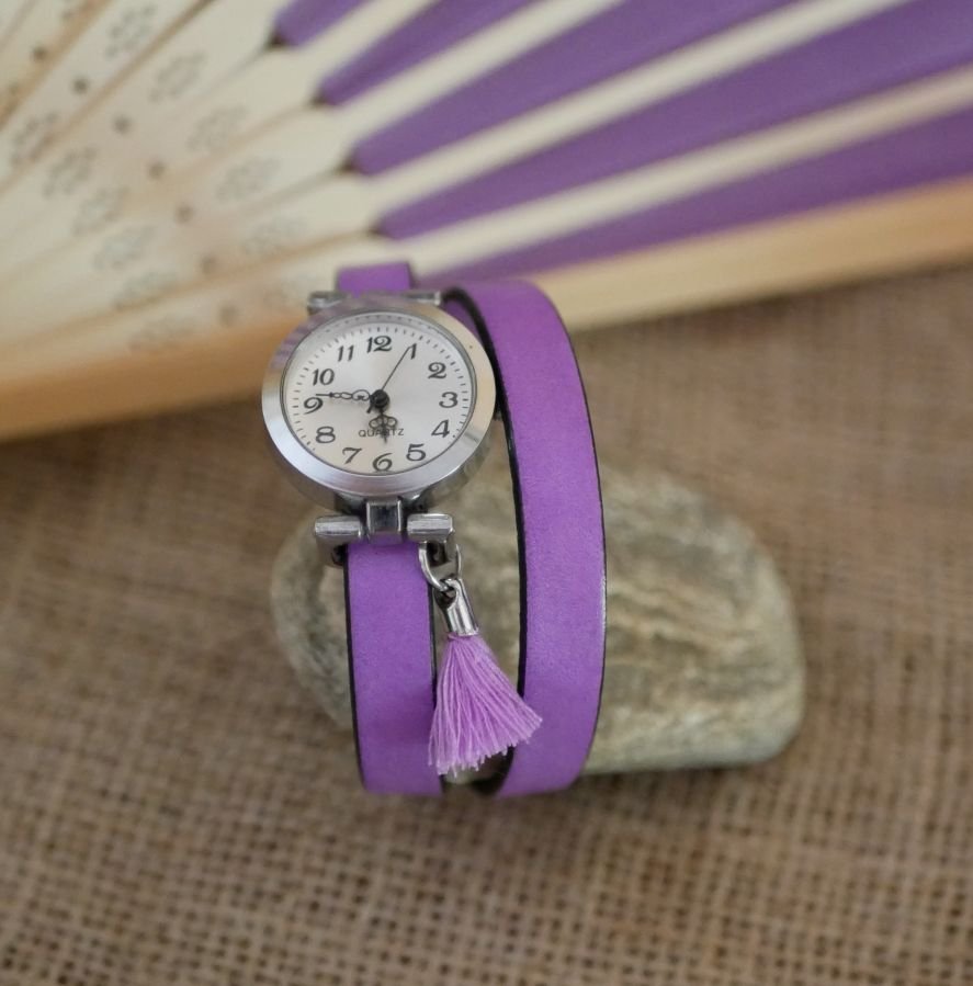 Læderarmbånd ur Lilac 2 eller 3 runder med pompon