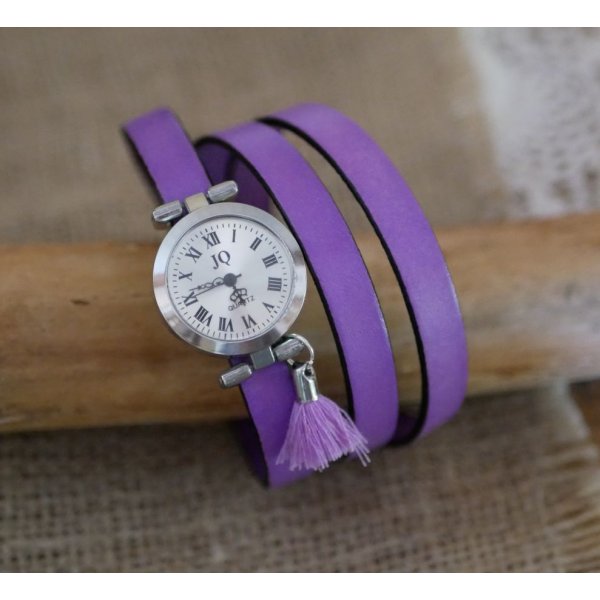 L&aelig;derarmb&aring;nd ur Lilac 2 eller 3 runder med pompon