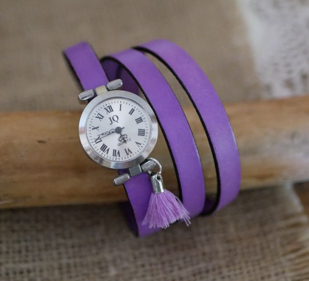 Læderarmbånd ur Lilac 2 eller 3 runder med pompon