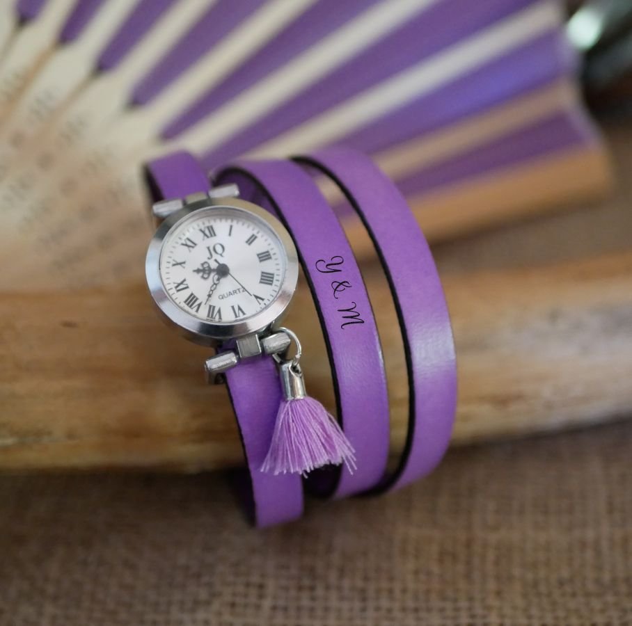 Læderarmbånd ur Lilac 2 eller 3 runder med pompon