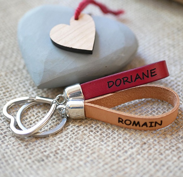 N&oslash;glering i l&aelig;der med navn og telefonbesked, som kan tilpasses